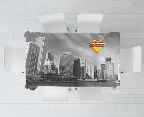Полотняная 3D скатерть на обеденный стол «Воздушный шар в мегаполисе» вид 3