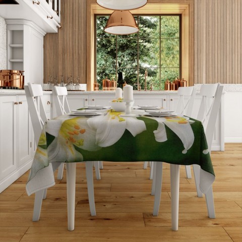 Полотняная 3D скатерть на кухонный стол «Белые лилии» вид 2