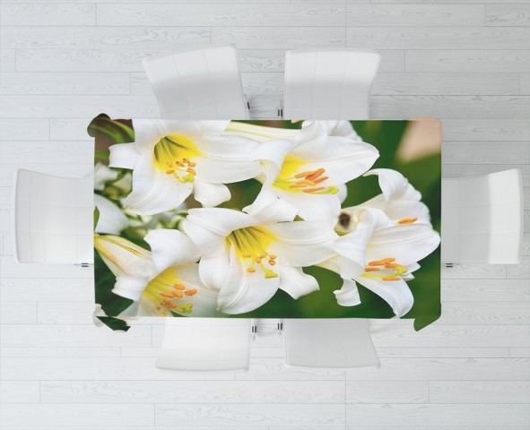 Полотняная 3D скатерть на кухонный стол «Белые лилии» вид 3