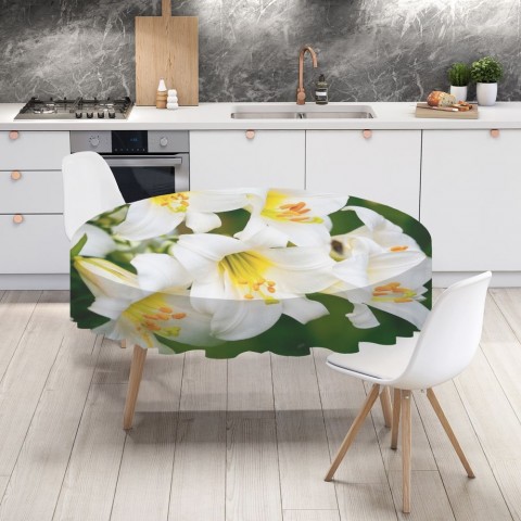 Полотняная 3D скатерть на кухонный стол «Белые лилии» вид 4