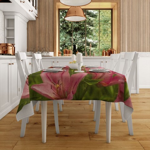 Текстильная 3D скатерть для стола «Клумба розовых лилий» вид 2