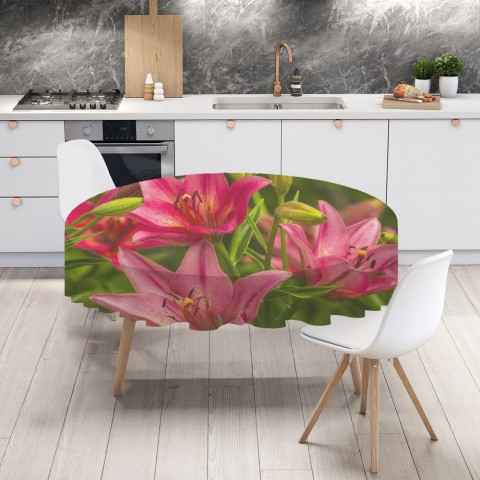 Текстильная 3D скатерть для стола «Клумба розовых лилий» вид 4