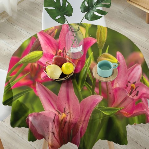 Текстильная 3D скатерть для стола «Клумба розовых лилий» вид 5
