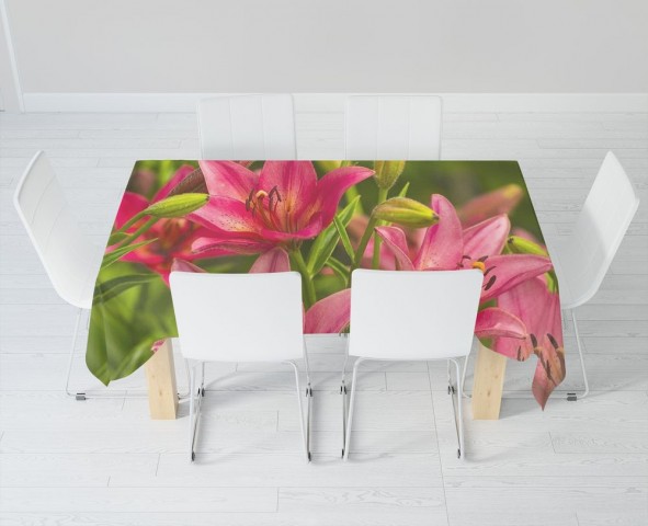 Текстильная 3D скатерть для стола «Клумба розовых лилий» вид 6