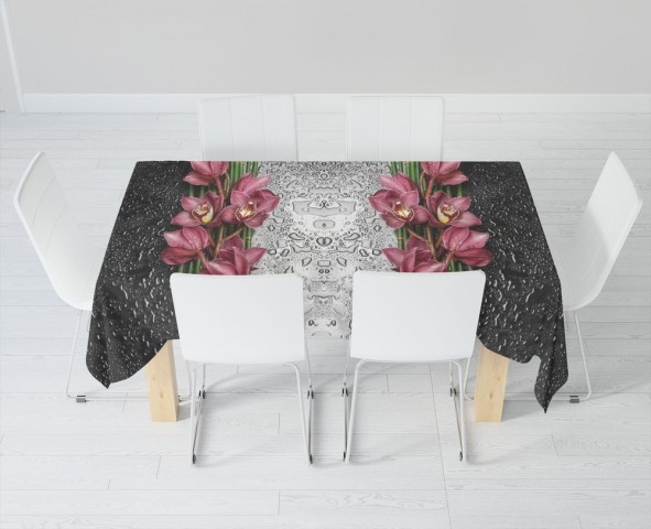Текстильная 3D скатерть на кухню «Орхидеи в росе» вид 6