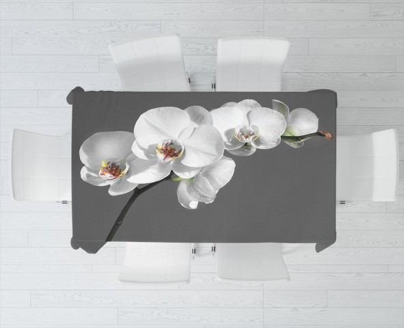 Текстильная 3D скатерть для стола «Белая орхидея на сером фоне» вид 3
