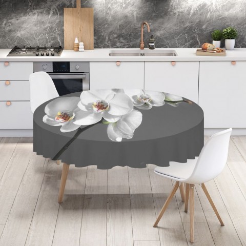 Текстильная 3D скатерть для стола «Белая орхидея на сером фоне» вид 4