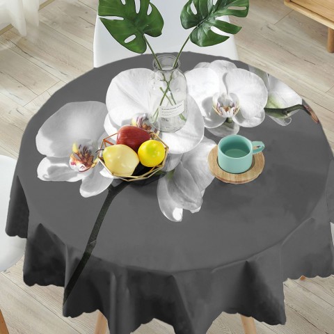 Текстильная 3D скатерть для стола «Белая орхидея на сером фоне» вид 5