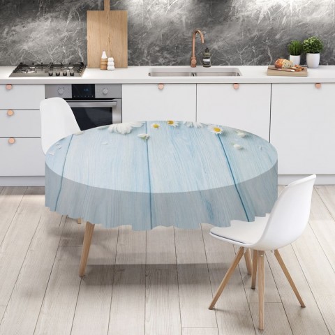Текстильная скатерть на кухонный стол «Ромашки на голубых досках» вид 4
