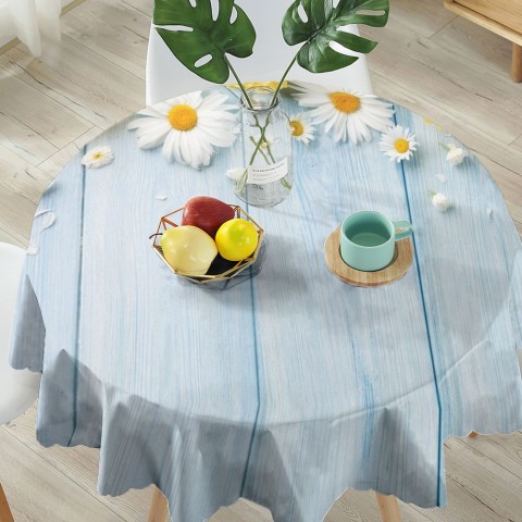 Текстильная скатерть на кухонный стол «Ромашки на голубых досках» вид 5
