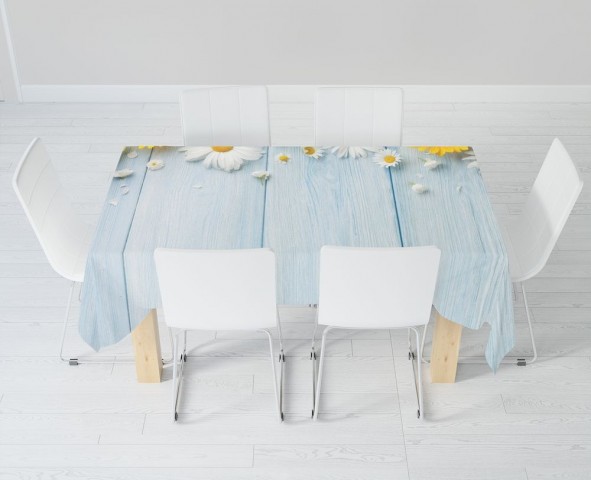 Текстильная скатерть на кухонный стол «Ромашки на голубых досках» вид 6