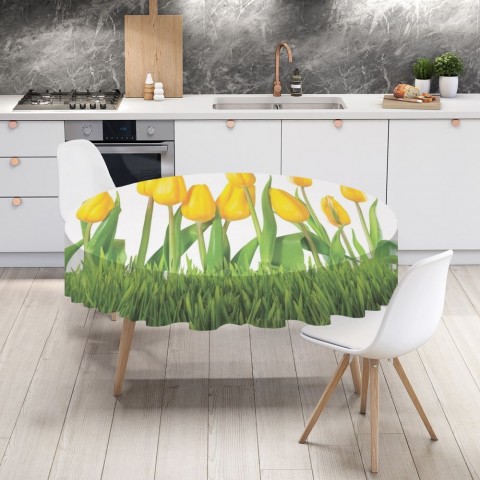 Габардиновая скатерть на обеденный стол «Желтые тюльпаны» вид 4