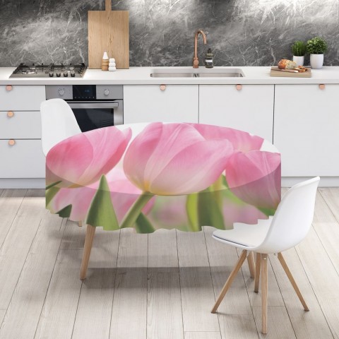 Текстильная 3D скатерть для стола «Крупные розовые тюльпаны» вид 4