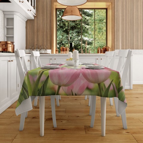 Полотняная скатерть на кухню «Нежные розовые тюльпаны» вид 2