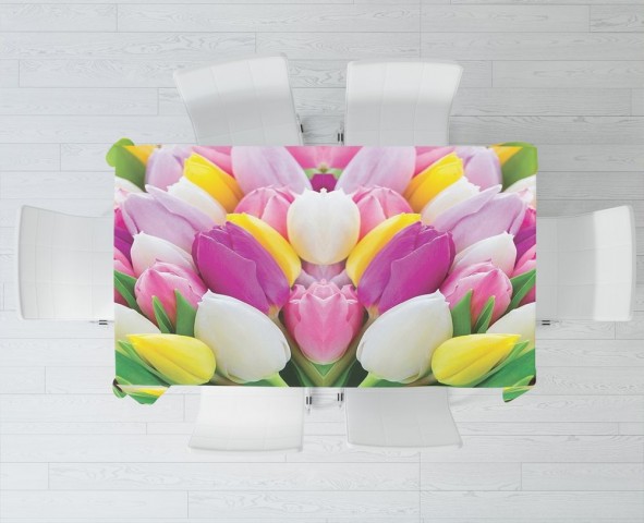 Габардиновая 3D скатерть для стола «Разнообразие тюльпанов» вид 3
