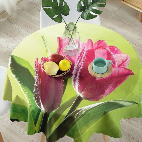 Габардиновая фотоскатерть для стола «Тюльпаны на зеленом фоне» вид 5