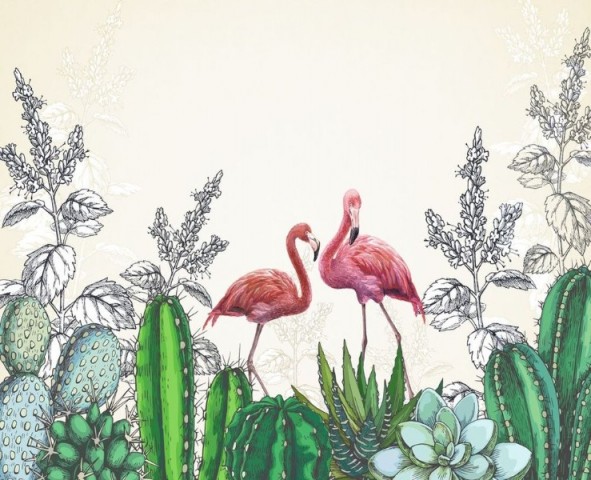 3D Скатерть «Фламинго в кактусах» вид 1