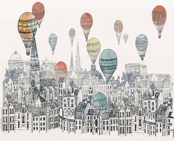 3D Скатерть «Воздушные шары над городом акварель» вид 1