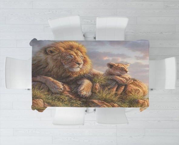 Полотняная 3D скатерть на кухню «Величественные львы» вид 3