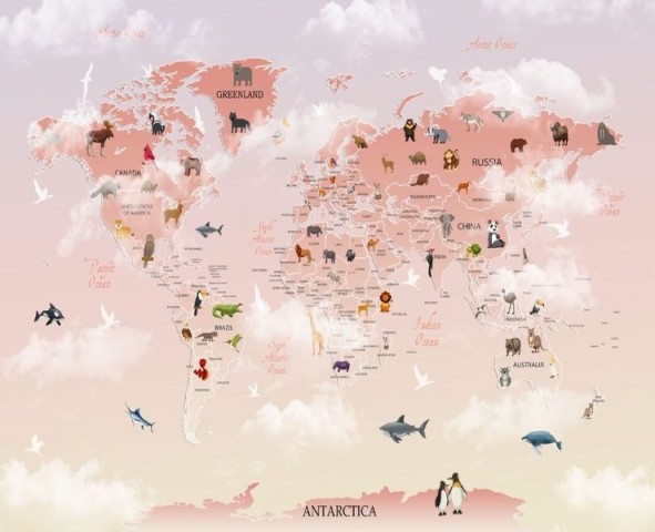 3D Скатерть «Розовая карта с животными» вид 1