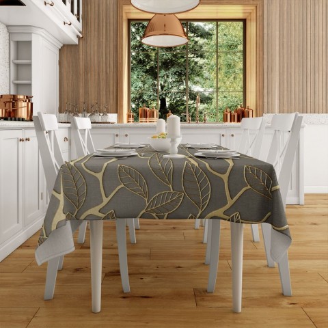 Текстильная скатерть на обеденный стол «Узор с золотыми листьями» вид 2