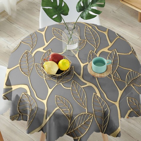 Текстильная скатерть на обеденный стол «Узор с золотыми листьями» вид 5