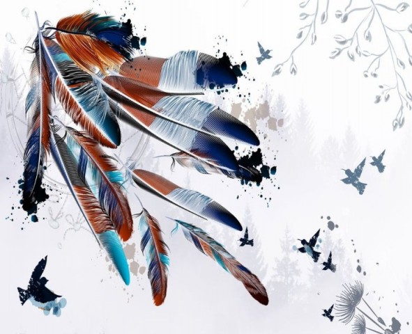 3D Скатерть «Птицы в перьях на фоне леса» вид 1