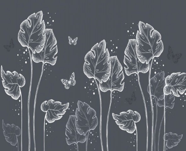 3D Скатерть «Бабочки в листьях на сером» вид 1