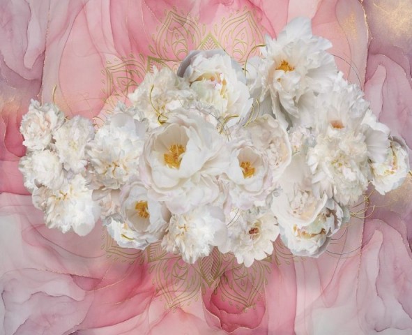 3D Скатерть «Роскошные пионы на розовом мраморе» вид 1