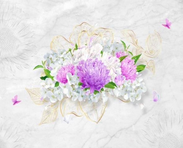 3D Скатерть «Бабочки над букетом хризантем» вид 1