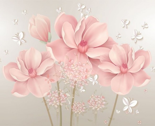 3D Скатерть «Нежные цветы с объемными бабочками» вид 1