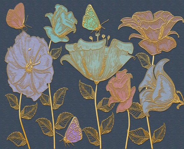 3D Скатерть «Яркие цветы с золотым тиснением» вид 1