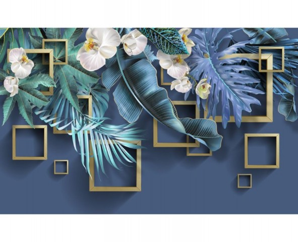 3D Скатерть «Дикие орхидеи с золотыми квадратами» вид 1