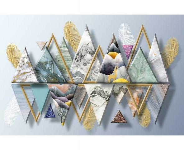 3D Скатерть «Золотые перья с мраморными треугольниками» вид 1