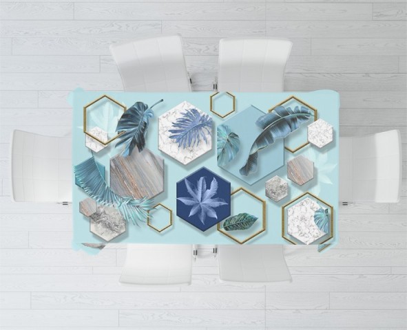 3D Скатерть «Листья на мраморных шестиугольниках» вид 2
