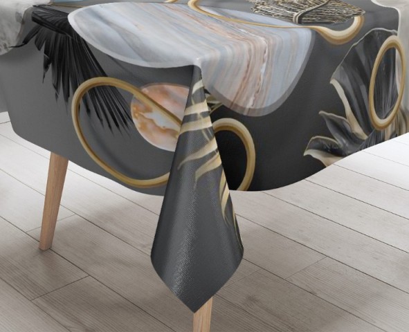 3D Скатерть «Золотые листья с мраморными кругами» вид 3
