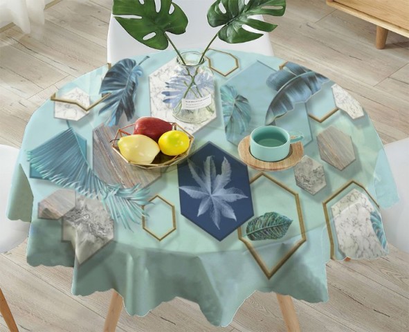 3D Скатерть «Листья на мраморных шестиугольниках» вид 4