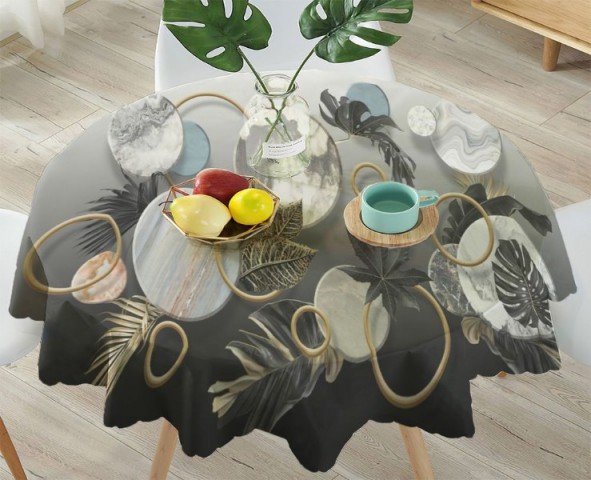 3D Скатерть «Золотые листья с мраморными кругами» вид 4