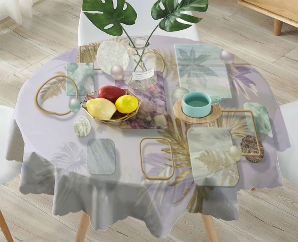3D Скатерть «Золотые листья с мрамором и жемчужинами» вид 4