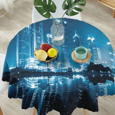 Тканевая 3D скатерть на обеденный стол «Неоновые огни ночного города» вид 5