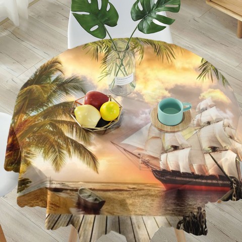 Текстильная скатерть для стола «Парусник у причала» вид 5