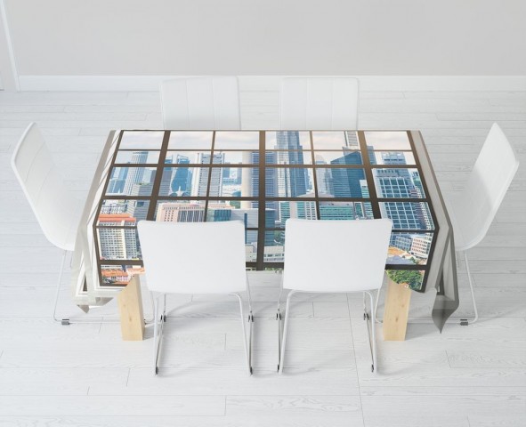 Габардиновая 3D скатерть для стола «Окно в мегаполисе» вид 6
