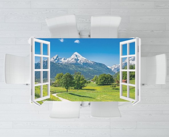 Тканевая 3D скатерть для стола «Окно с видом на Баварские горы» вид 3