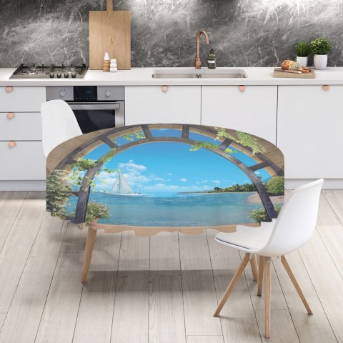 Полотняная скатерть на обеденный стол «Окно с видом на море» вид 4
