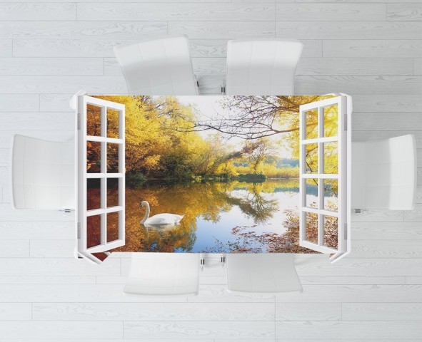Тканевая 3D скатерть на кухонный стол «Окно с видом на озеро с лебедями» вид 3
