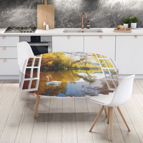 Тканевая 3D скатерть на кухонный стол «Окно с видом на озеро с лебедями» вид 4