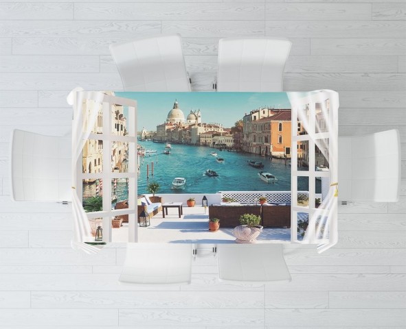 Габардиновая 3D скатерть на обеденный стол «Окно-балкон в Венеции» вид 3