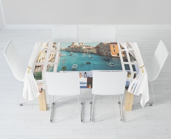 Габардиновая 3D скатерть на обеденный стол «Окно-балкон в Венеции» вид 6