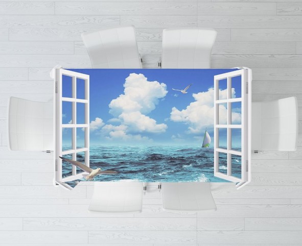 Тканевая 3D скатерть на кухонный стол «Распахнутое в море окно» вид 3