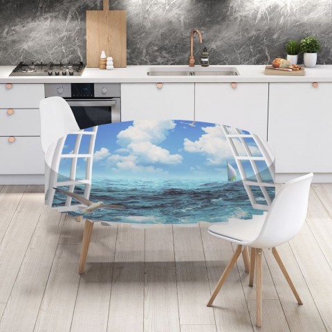 Тканевая 3D скатерть на кухонный стол «Распахнутое в море окно» вид 4